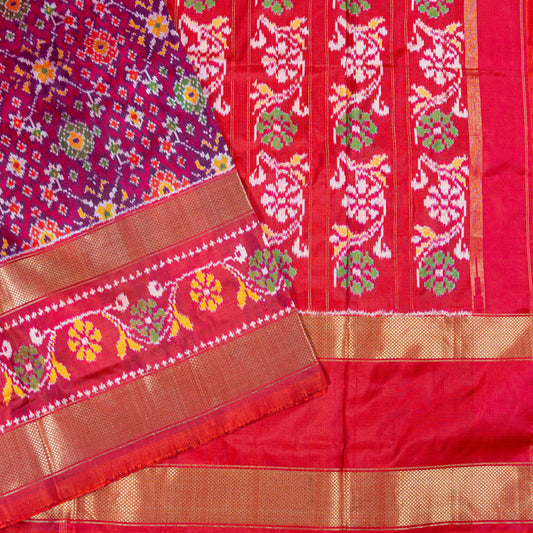 Vibrant Purple & Red Silk Pochapally Ikkat Saree with Zari Border