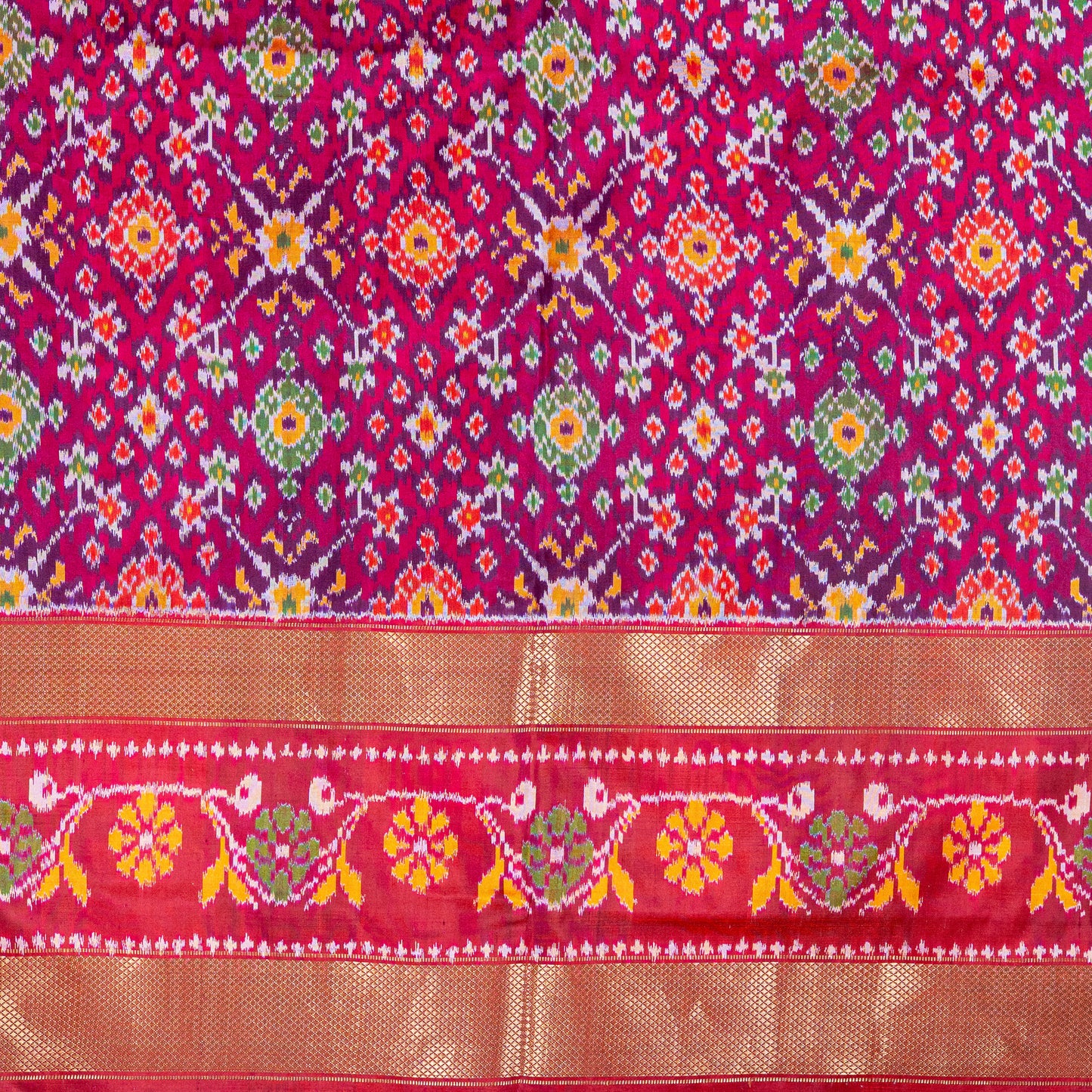 Vibrant Purple & Red Silk Pochapally Ikkat Saree with Zari Border