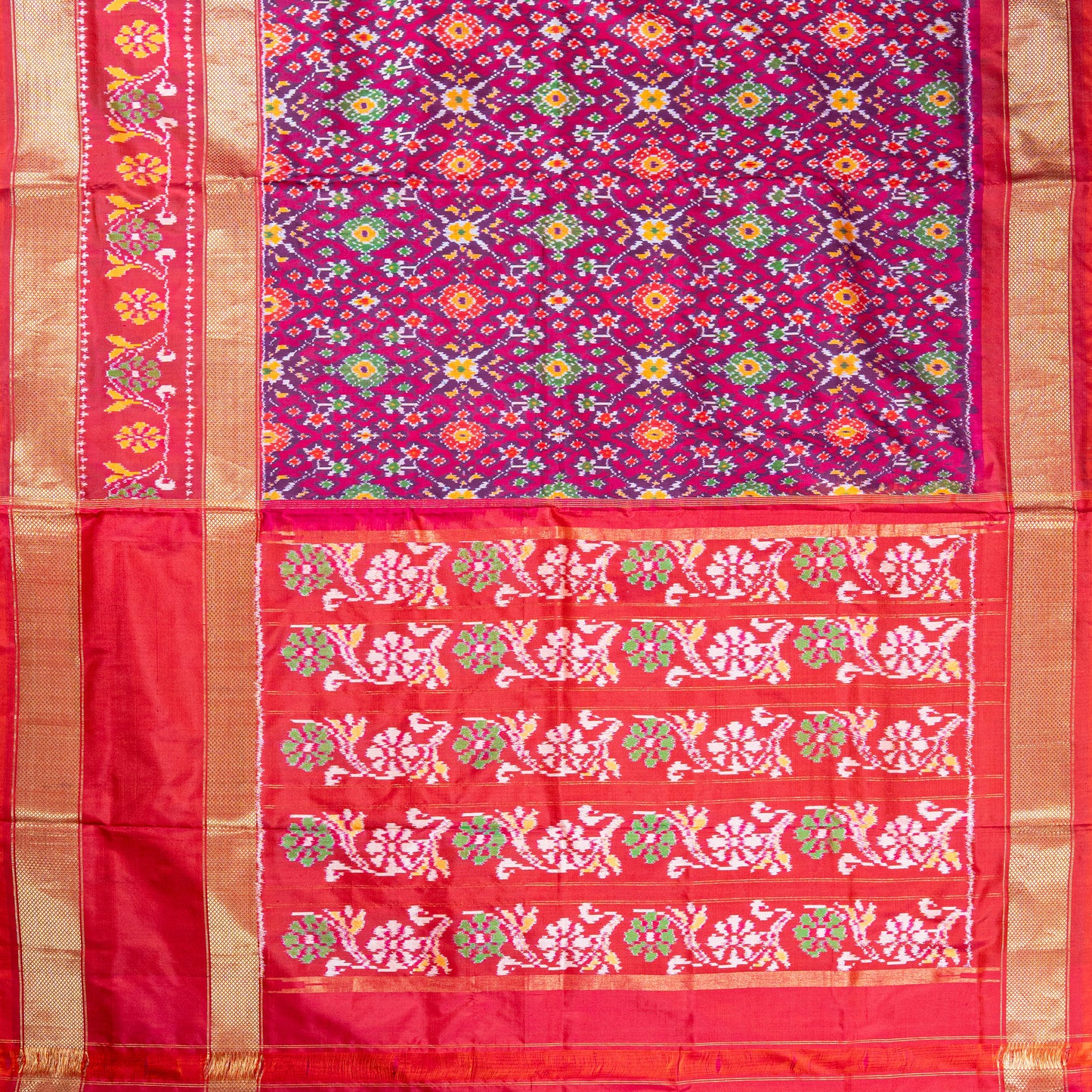 Vibrant Purple & Red Silk Pochapally Ikkat Saree with Zari Border