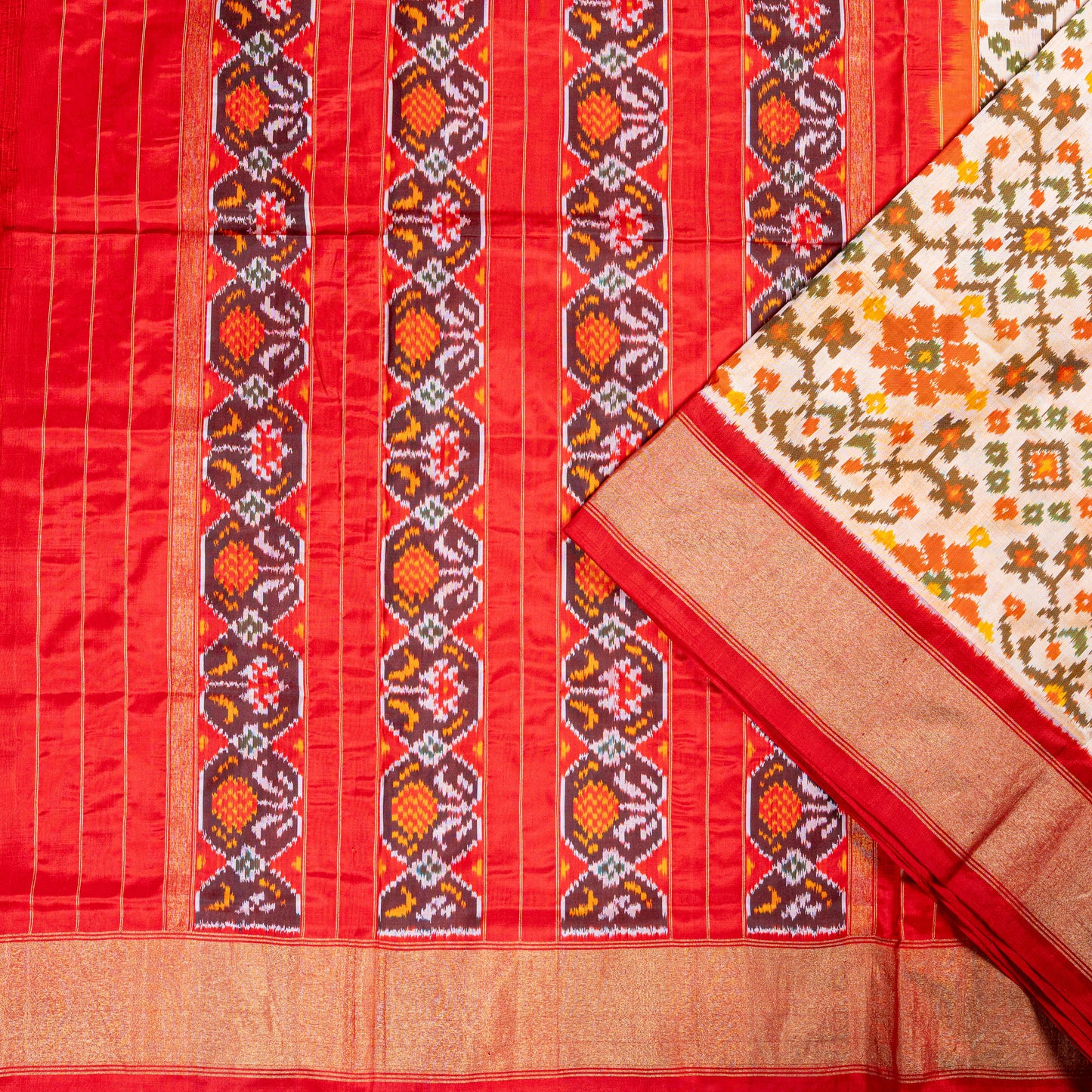 Elegant White & Red Silk Saree with Geometric Ikat and Zari