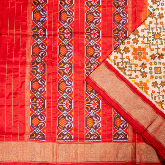 Elegant White & Red Silk Saree with Geometric Ikat and Zari