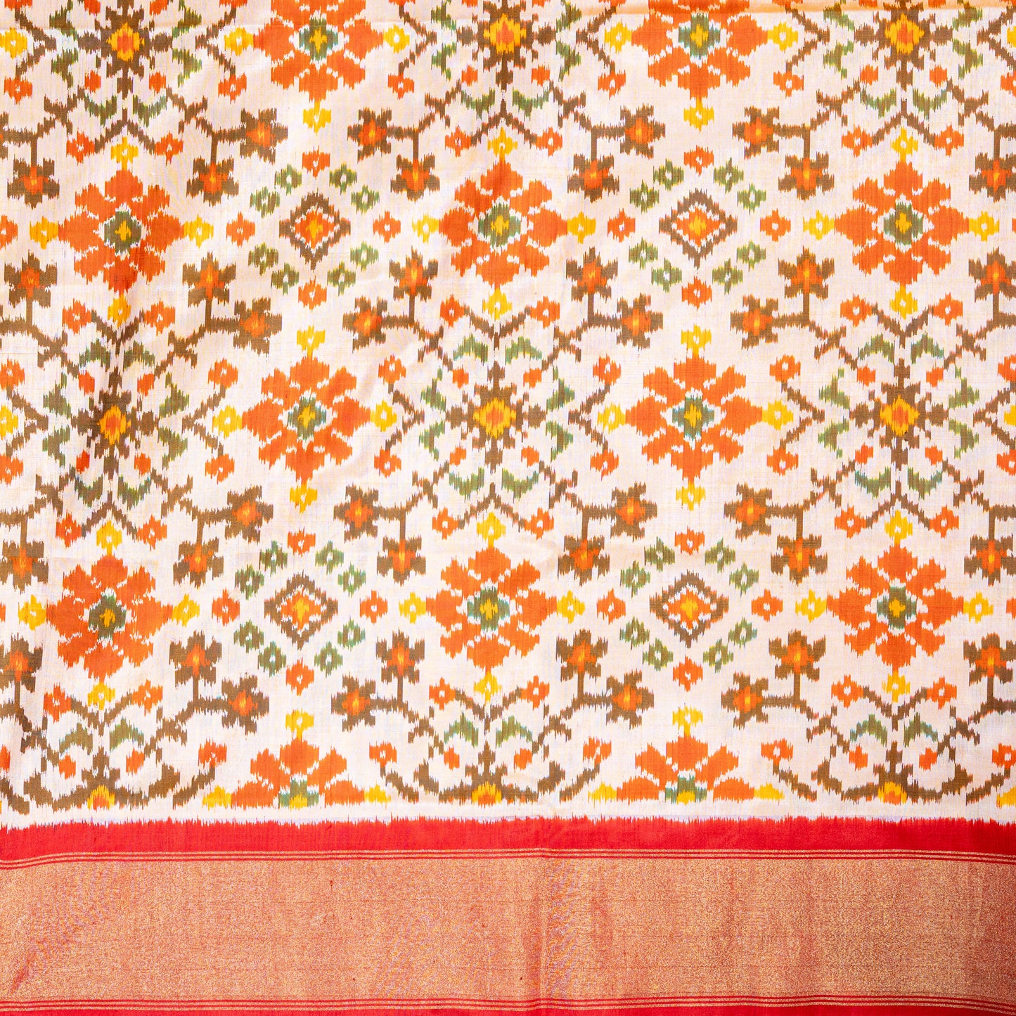 Elegant White & Red Silk Saree with Geometric Ikat and Zari