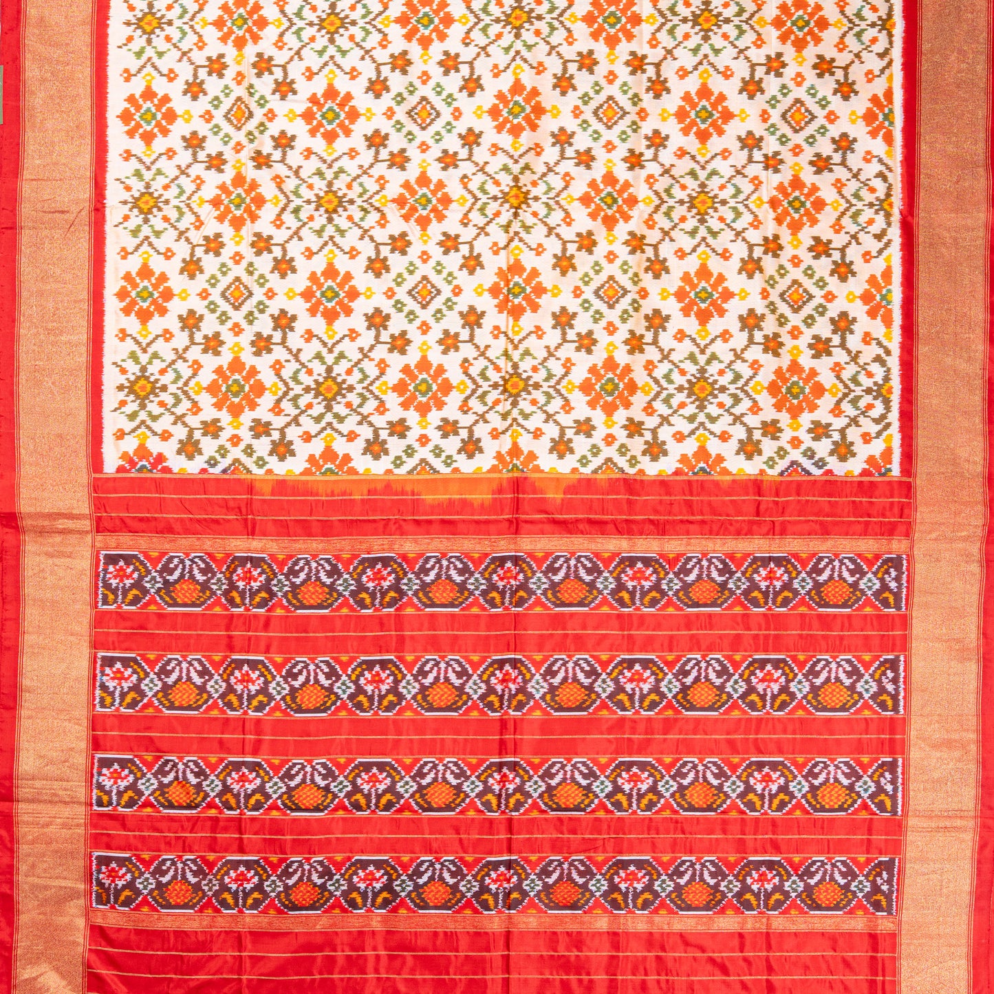 Elegant White & Red Silk Saree with Geometric Ikat and Zari