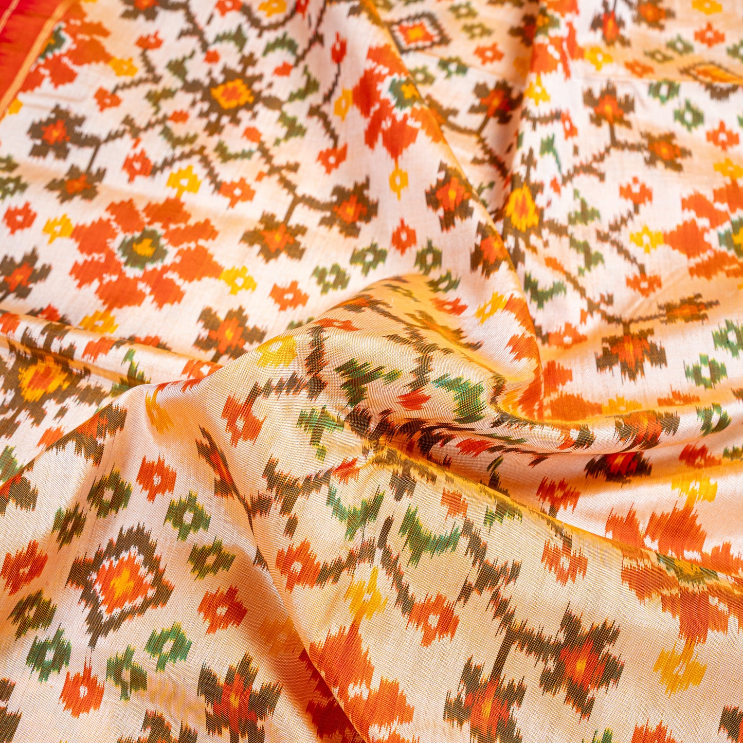 Elegant White & Red Silk Saree with Geometric Ikat and Zari