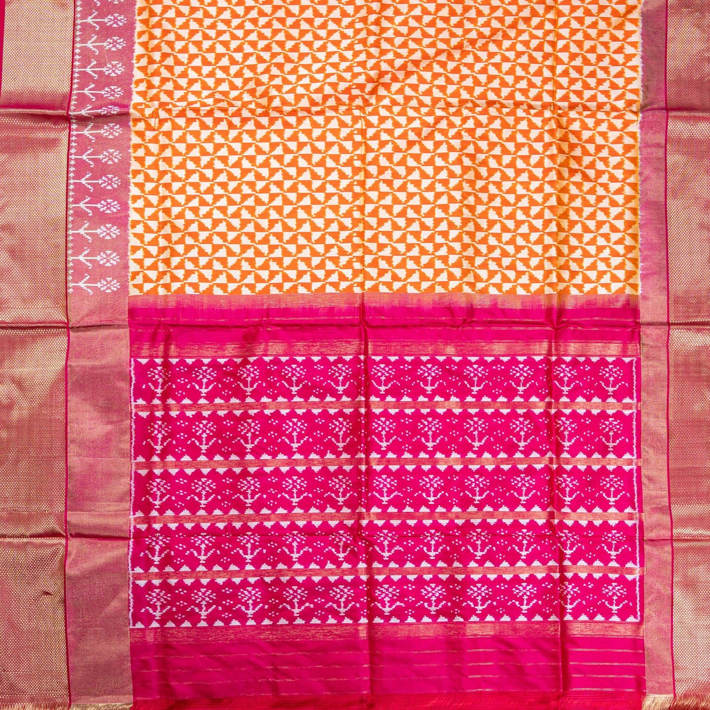 Striking Orange & Hot Pink Geometric Saree with Silk Border