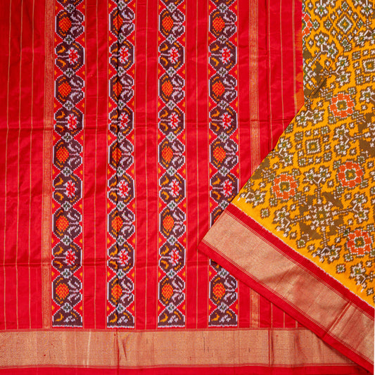 Rich Mustard Yellow & Red Silk Saree with Ikat Weave