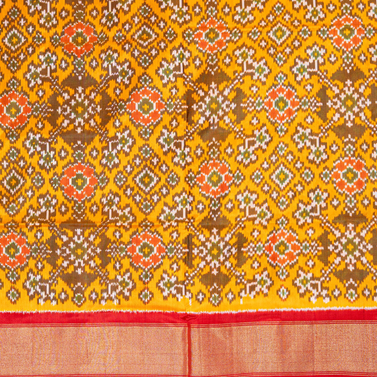 Rich Mustard Yellow & Red Silk Saree with Ikat Weave