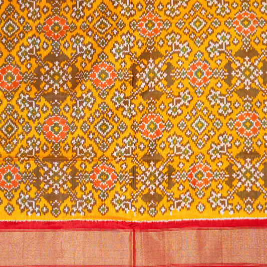 Rich Mustard Yellow & Red Silk Saree with Ikat Weave