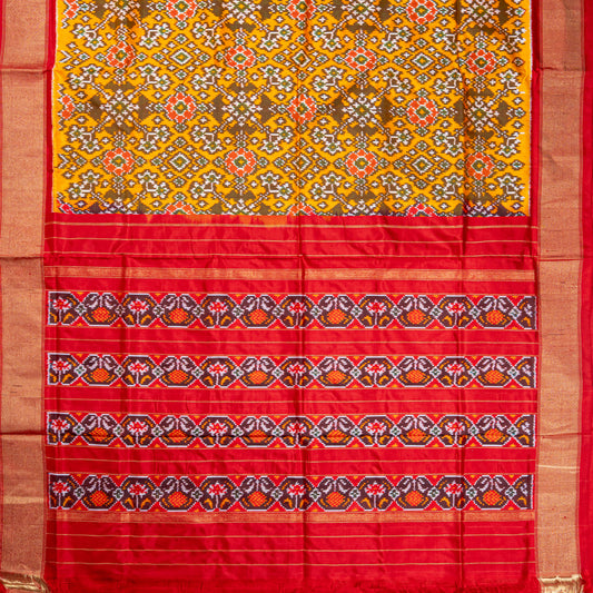 Rich Mustard Yellow & Red Silk Saree with Ikat Weave