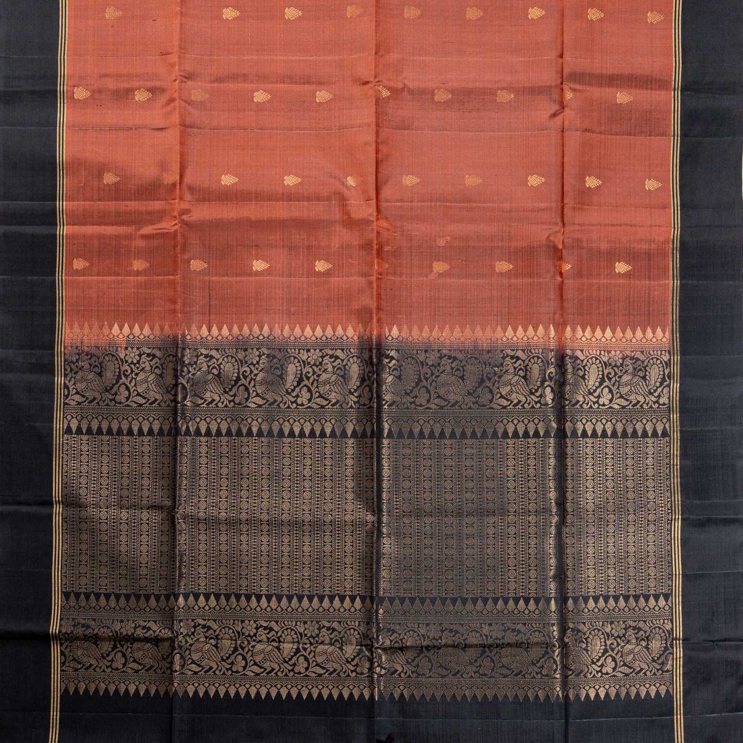 Classic Terracotta & Black Silk Saree with Woven Zari Pallu