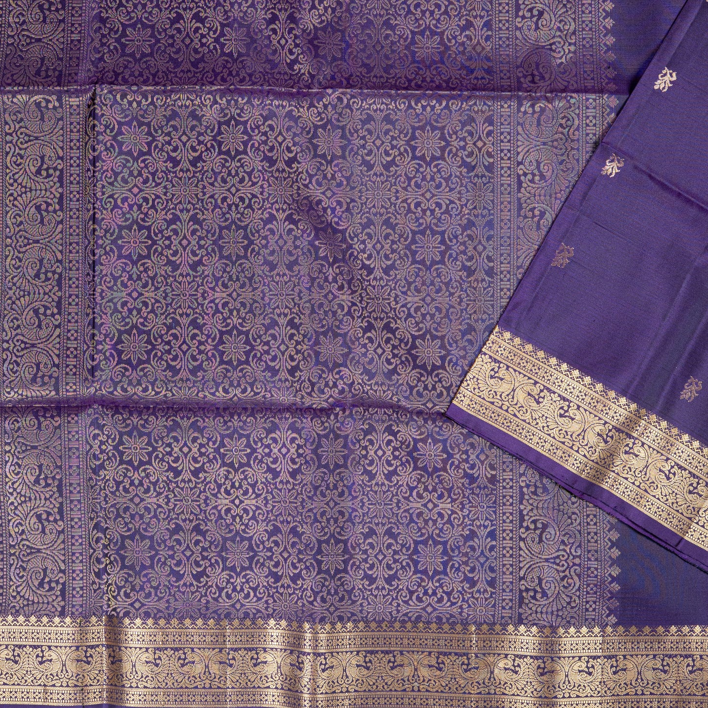 Luxurious Deep Purple Soft Silk Saree with Antique Gold Zari Buttas