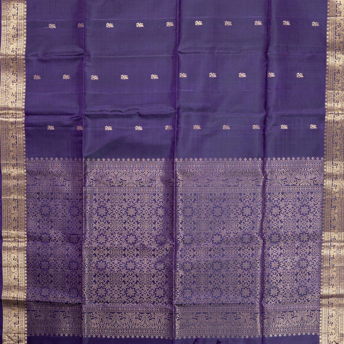 Luxurious Deep Purple Soft Silk Saree with Antique Gold Zari Buttas