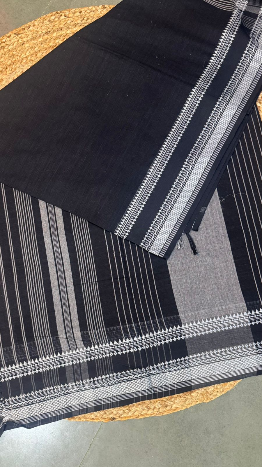 Black Handwoven Cotton Saree with White Borders