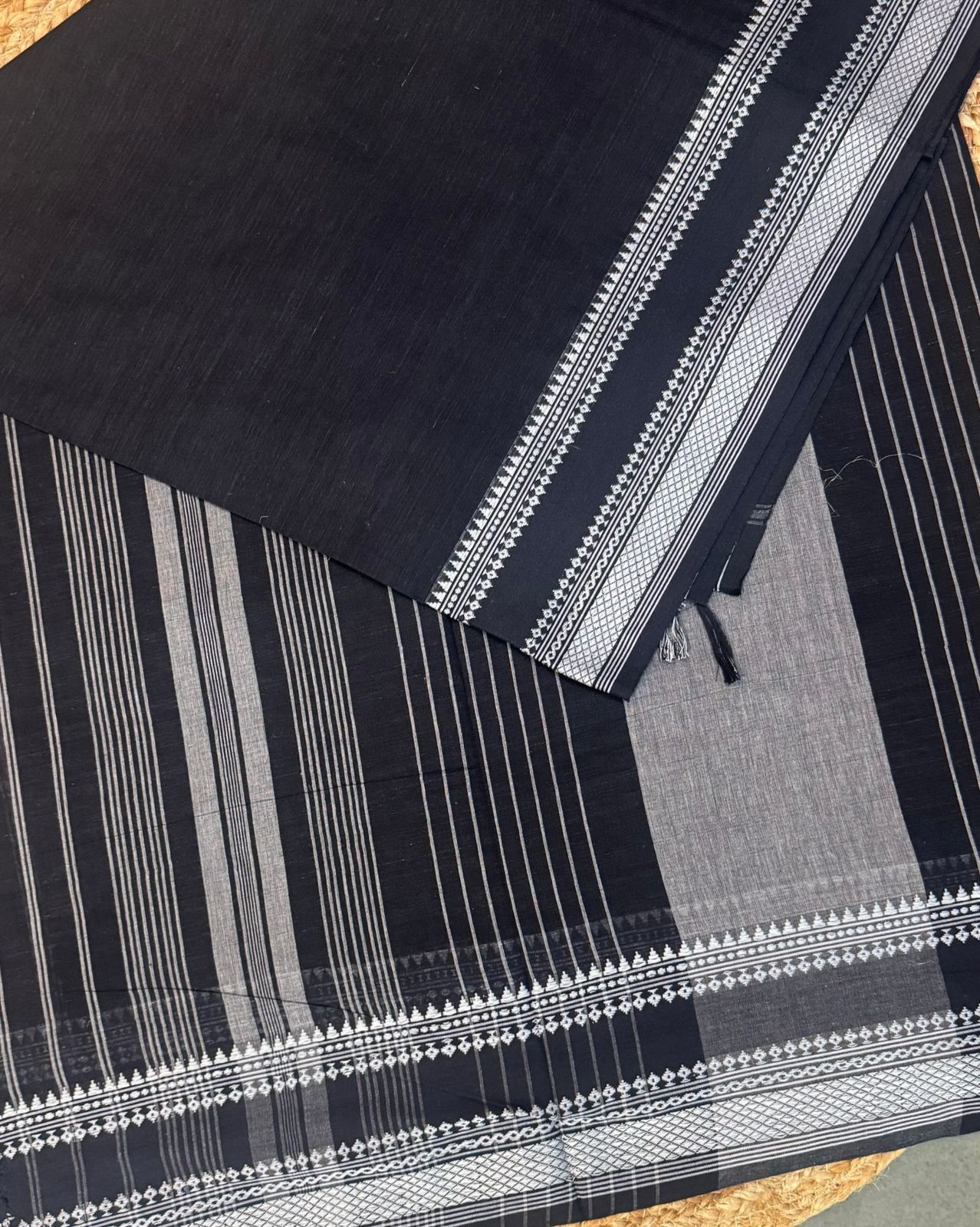 Black Handwoven Cotton Saree with White Borders