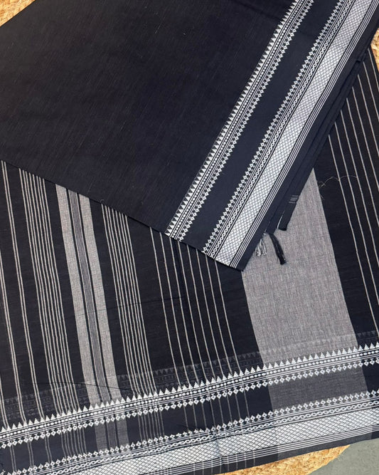 Black Handwoven Cotton Saree with White Borders