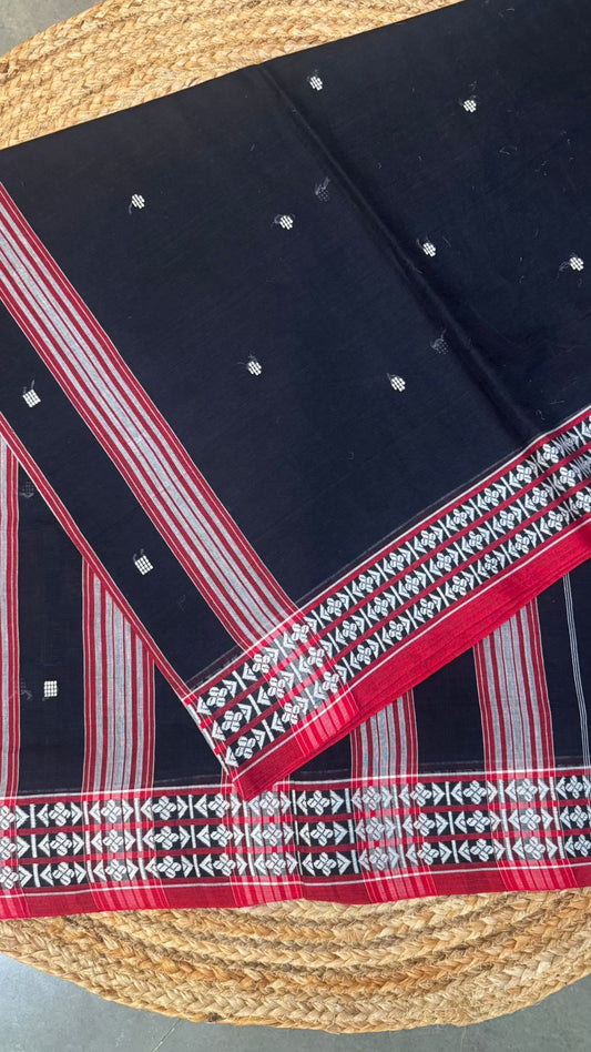 Black Cotton Saree with Red Ikat Border
