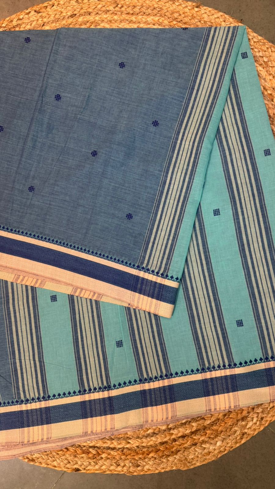 Blue & Sea Green Handwoven Cotton Saree with Stripes