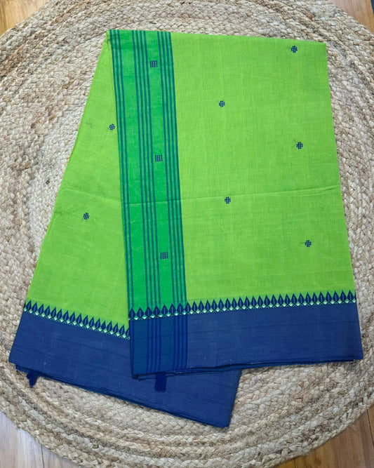 Green Cotton Saree with Blue Border