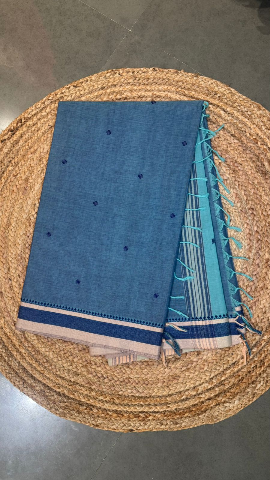 Blue & Sea Green Handwoven Cotton Saree with Stripes