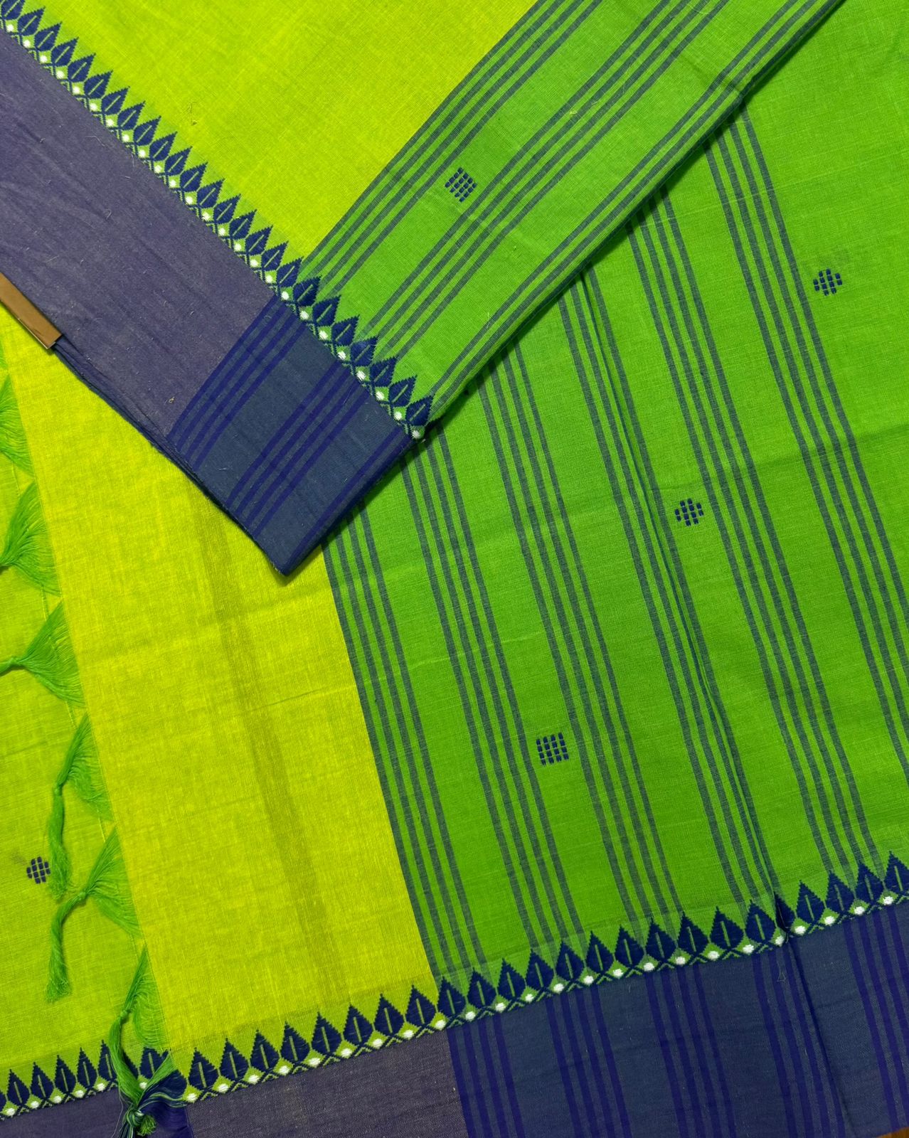 Green Cotton Saree with Blue Border