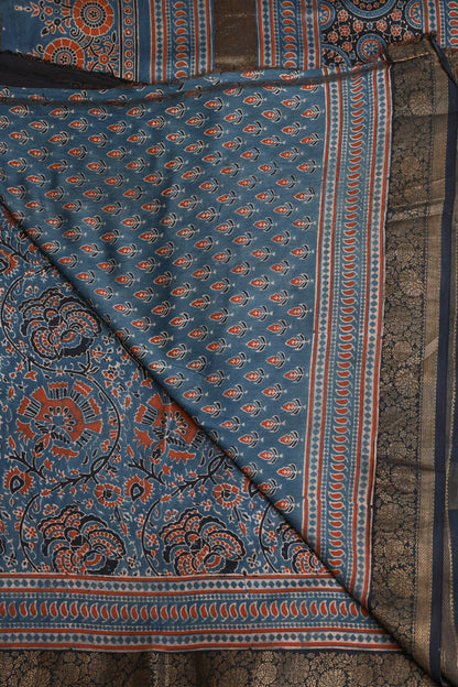 Ajrak Chanderi Handblock Print Saree With Black Zari Border, folded saree view