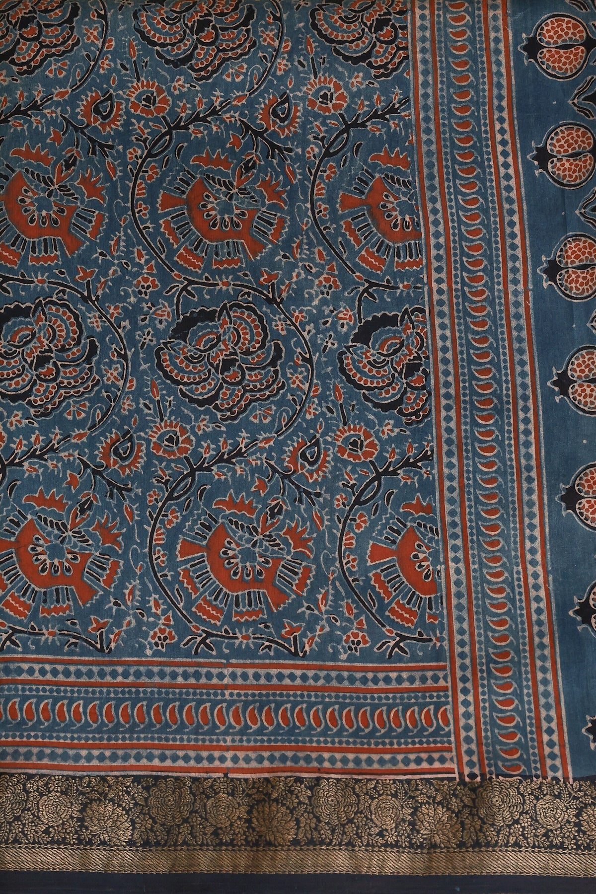 Ajrak Chanderi Handblock Print Saree With Black Zari Border, fabric detail