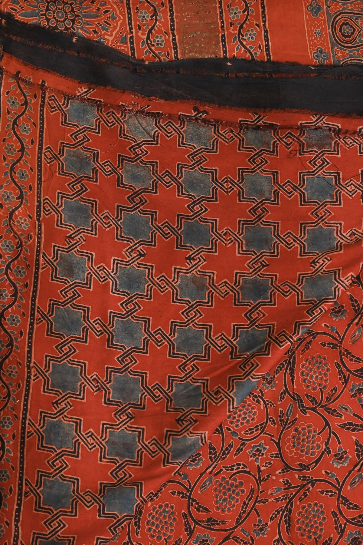 Ajrak Chanderi Handblock Print Saree With Natural Dye And Zari Border, folded saree view