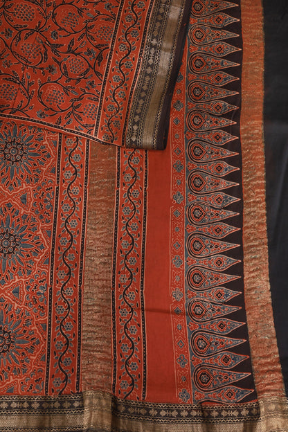 Ajrak Chanderi Handblock Print Saree With Natural Dye And Zari Border, design view 3