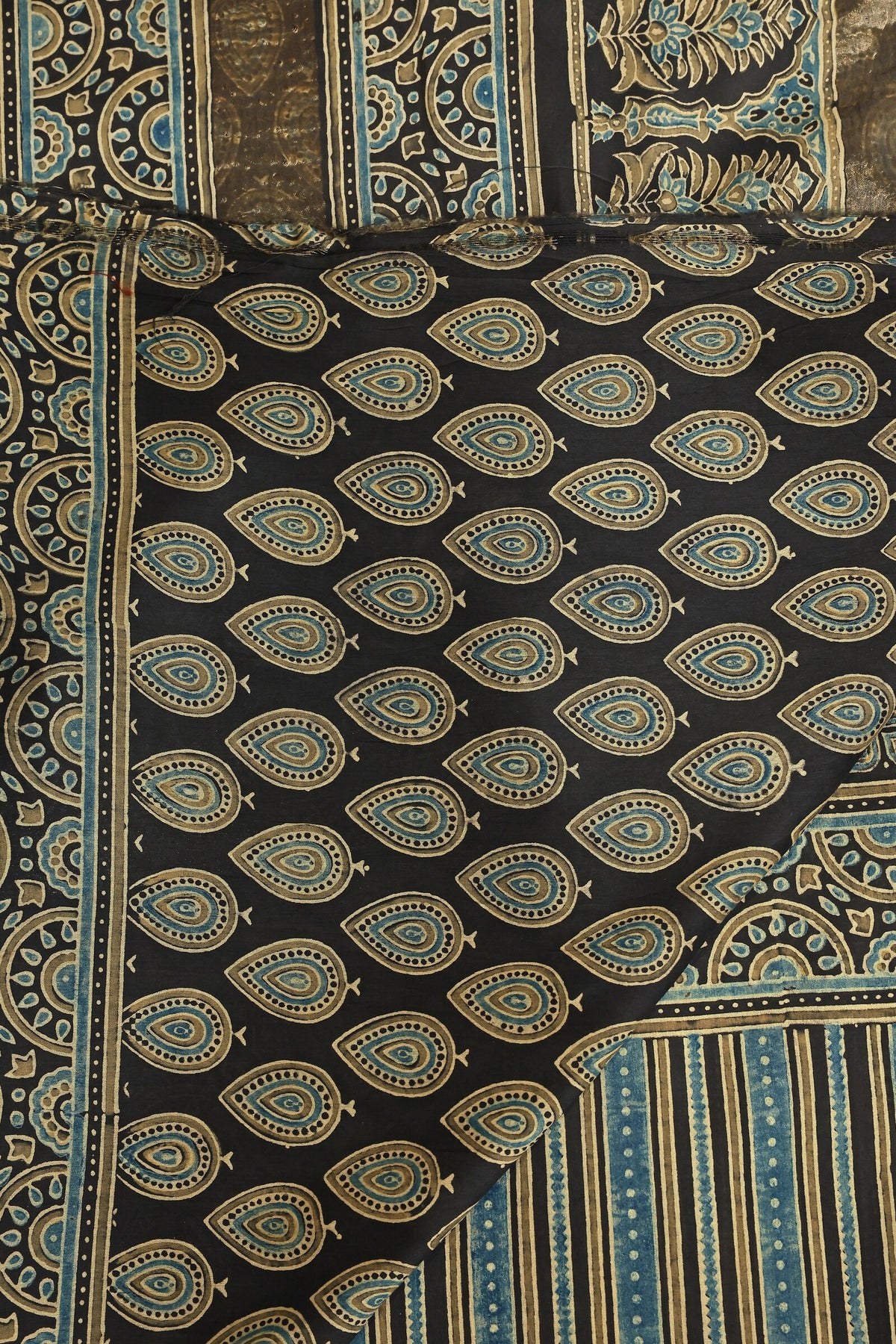 Ajrak Chanderi Silk Saree With Zari Border, folded saree view