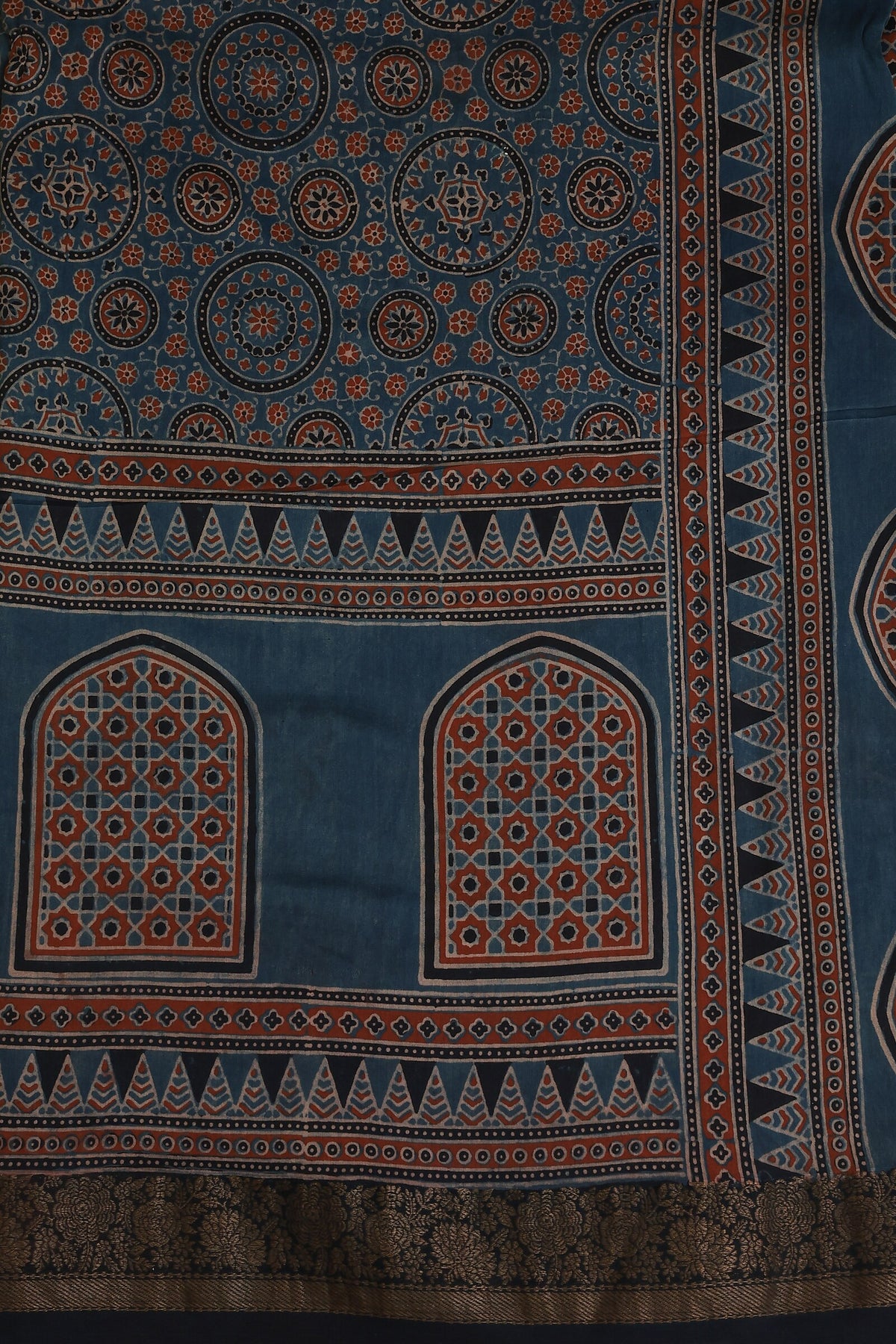 Ajrak Light Navy Blue Chanderi Silk Handblock Print Saree With Zari Border, fabric detail