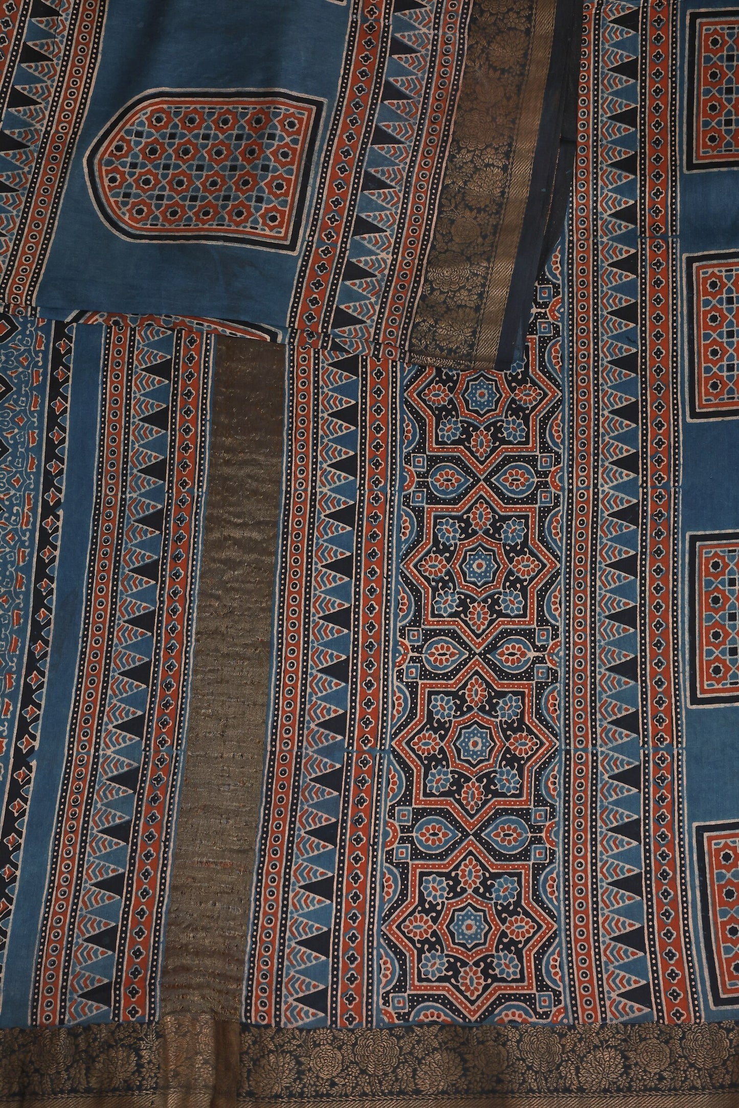 Ajrak Light Navy Blue Chanderi Silk Handblock Print Saree With Zari Border, design view 3