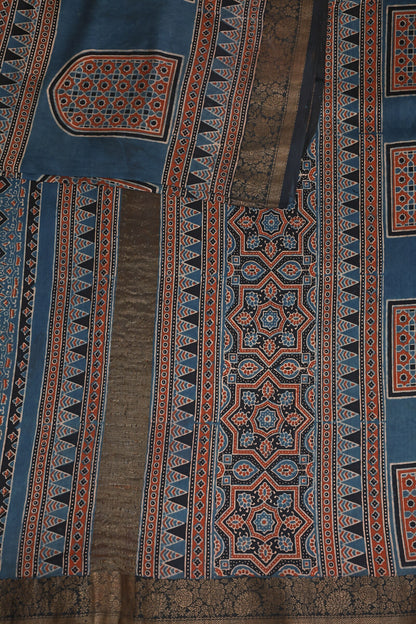 Ajrak Light Navy Blue Chanderi Silk Handblock Print Saree With Zari Border, design view 3