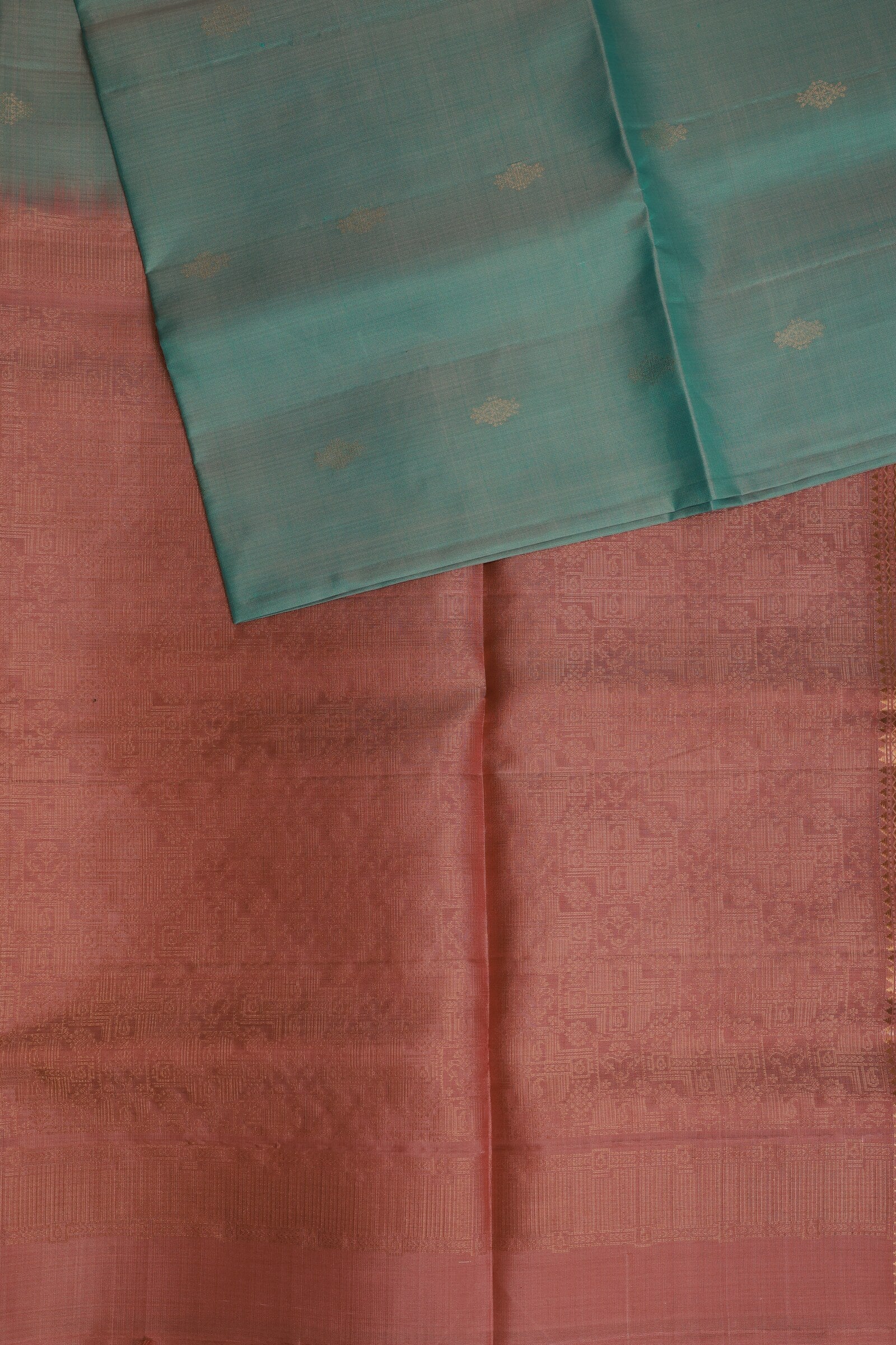Aqua Blue And Onion Pink Pure Silk Saree With Small Zari Border, folded saree view