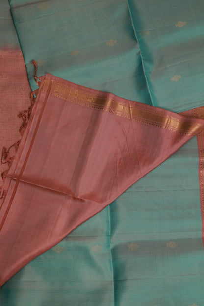 Aqua Blue And Onion Pink Pure Silk Saree With Small Zari Border, design view 3