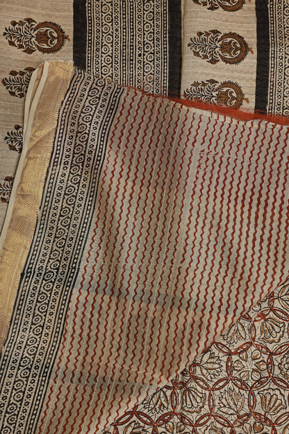 Bagru Chanderi Handblock Print Saree With Zari Border Design B, folded saree view