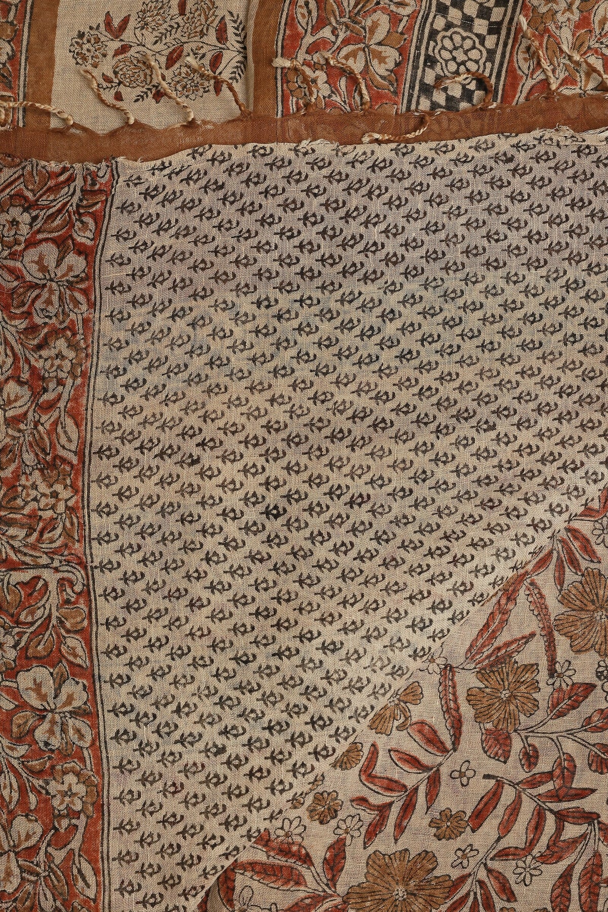 Bagru Handblock Print Linen Saree In Natural Dye, folded saree view