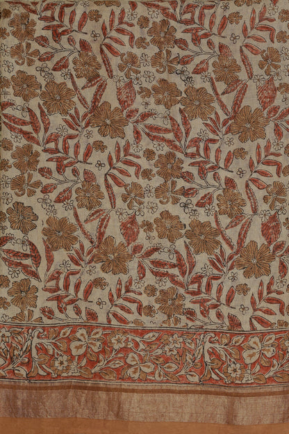 Bagru Handblock Print Linen Saree In Natural Dye, fabric detail