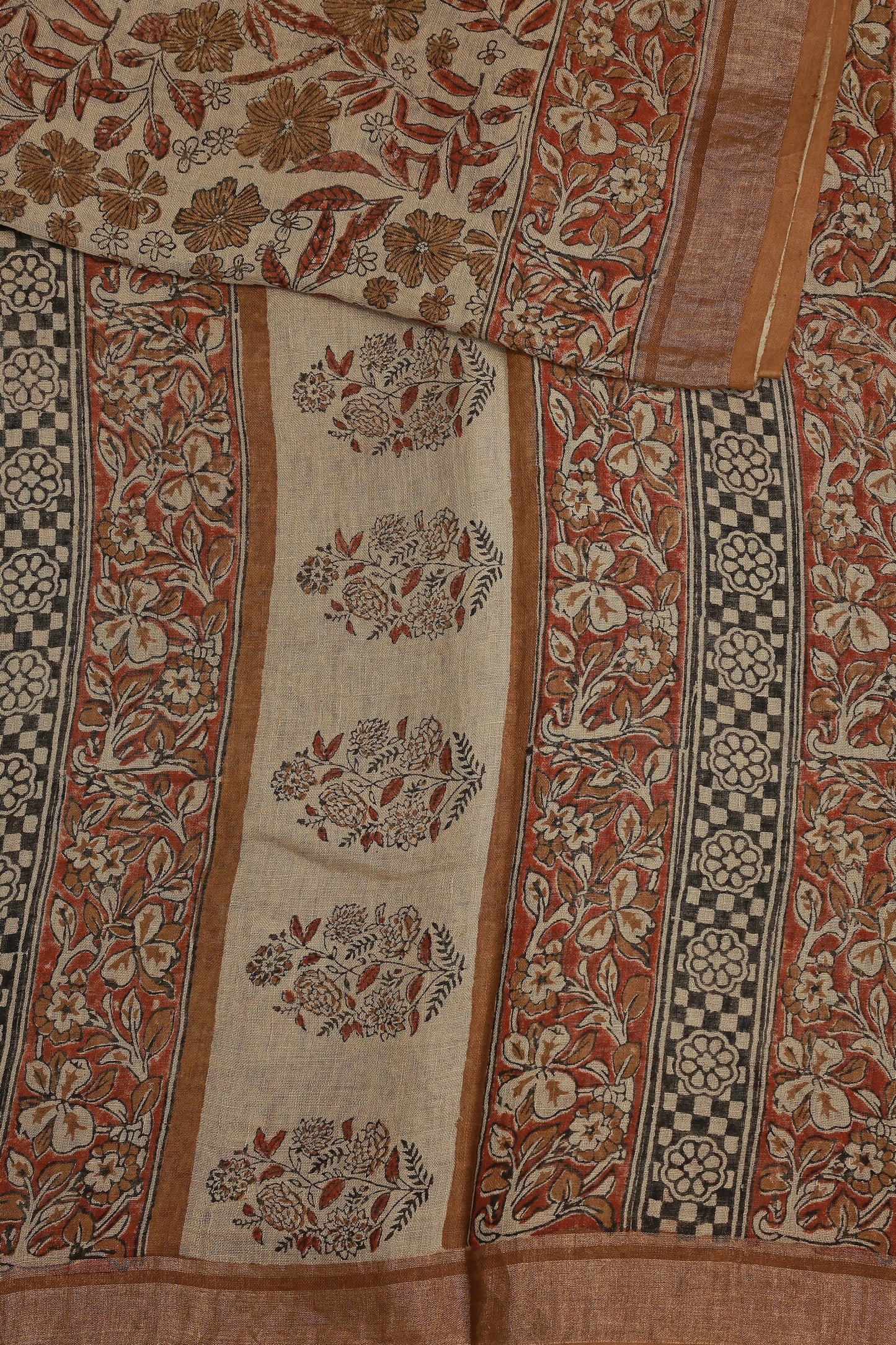 Bagru Handblock Print Linen Saree In Natural Dye, design view 3