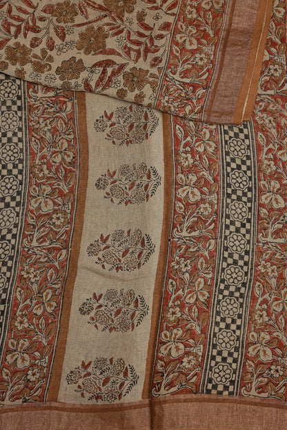 Bagru Handblock Print Linen Saree In Natural Dye, design view 3