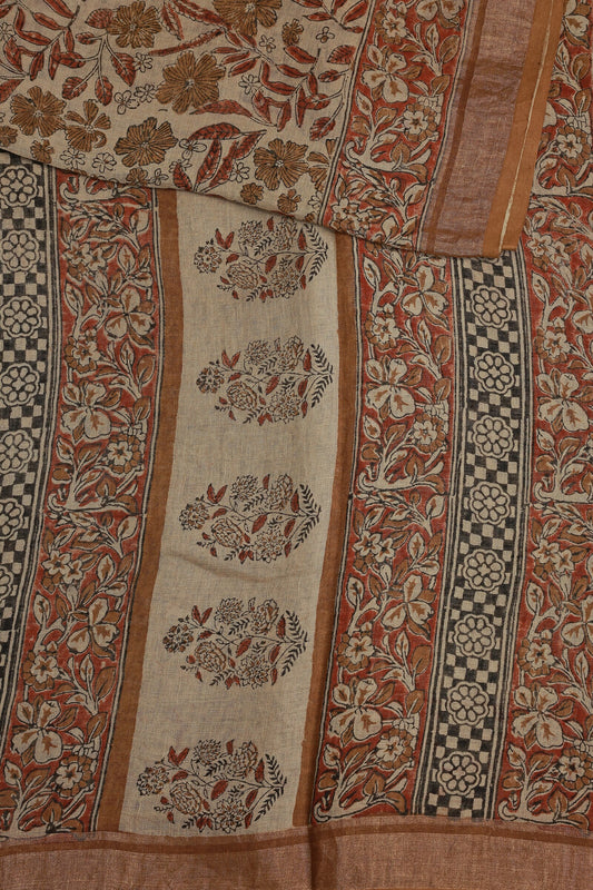 Bagru Handblock Print Linen Saree In Natural Dye, design view 3