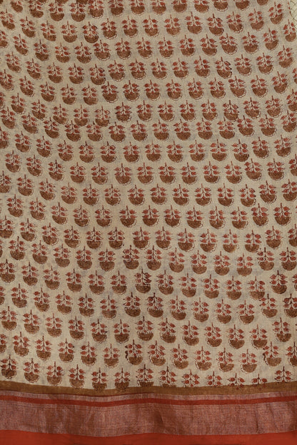 Bagru Linen Saree With Brick Red Golden Zari Border, fabric detail