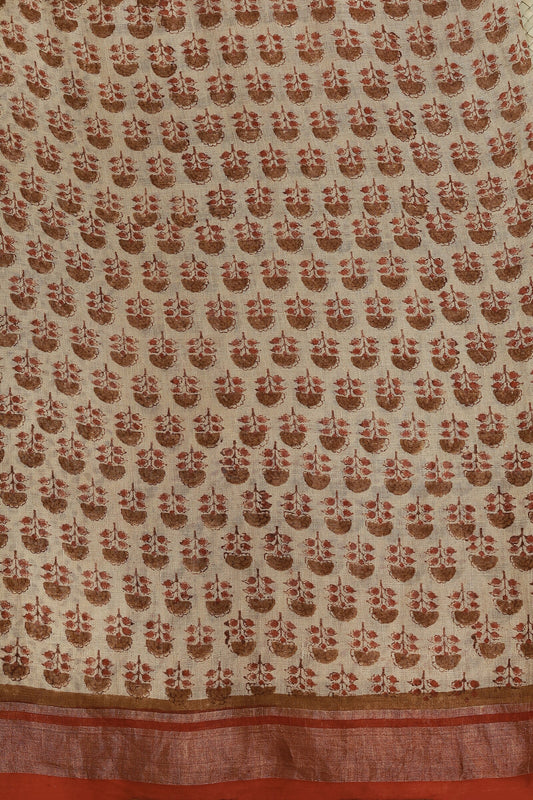Bagru Linen Saree With Brick Red Golden Zari Border, fabric detail