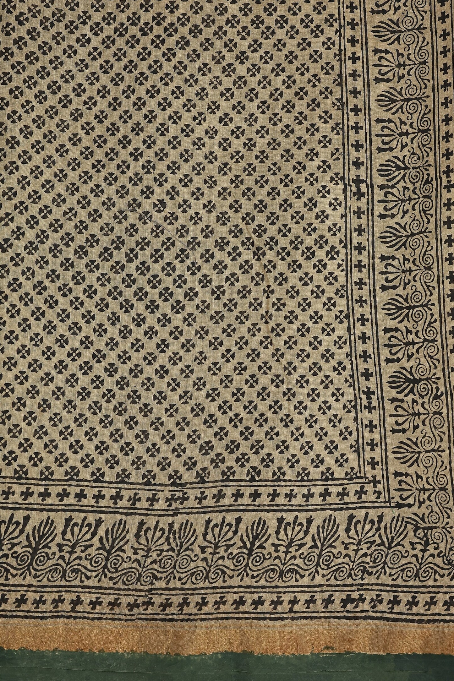 Beige Chanderi Handblock Print Saree With Natural Dye And Green Border, fabric detail