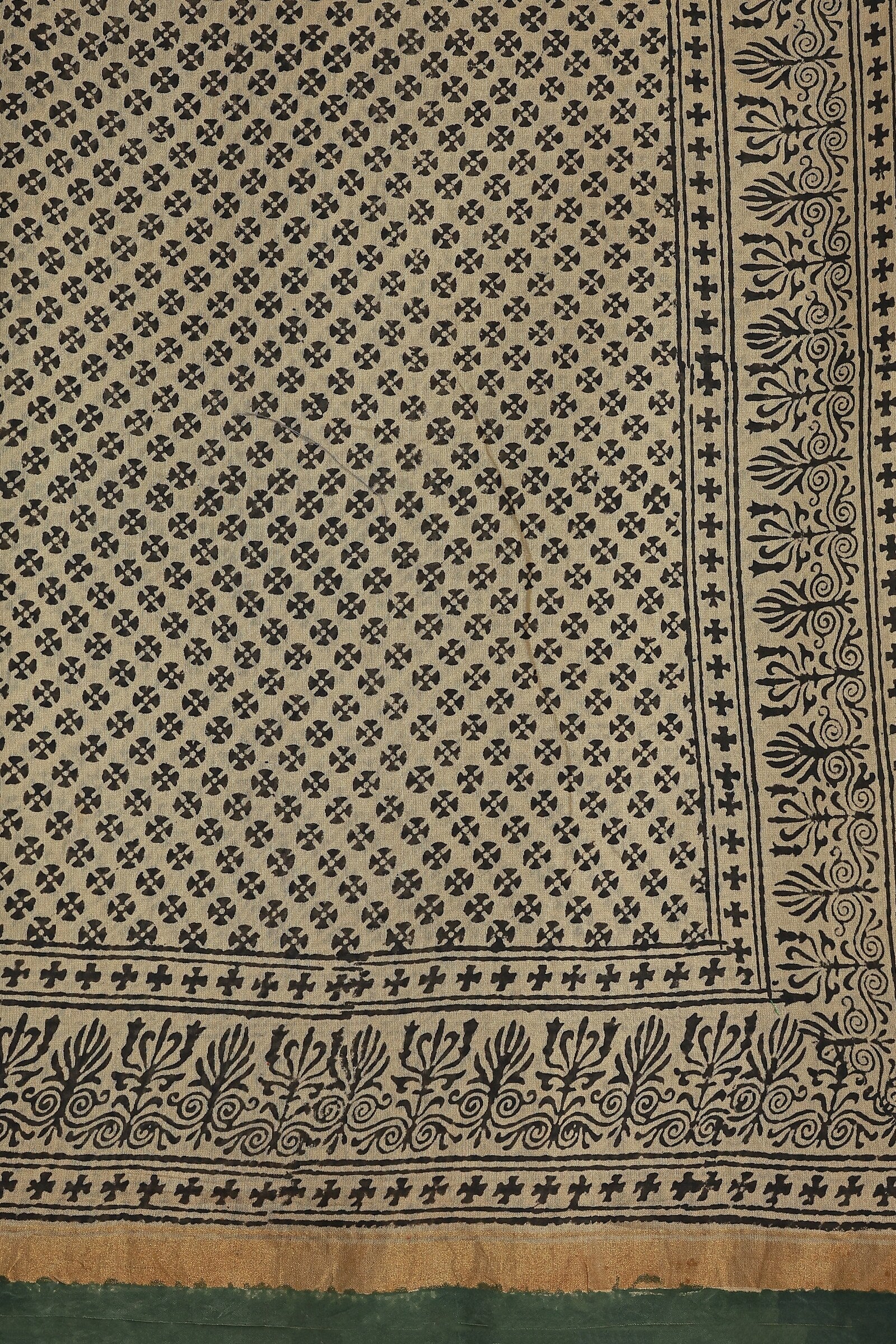 Beige Chanderi Handblock Print Saree With Natural Dye And Green Border, fabric detail