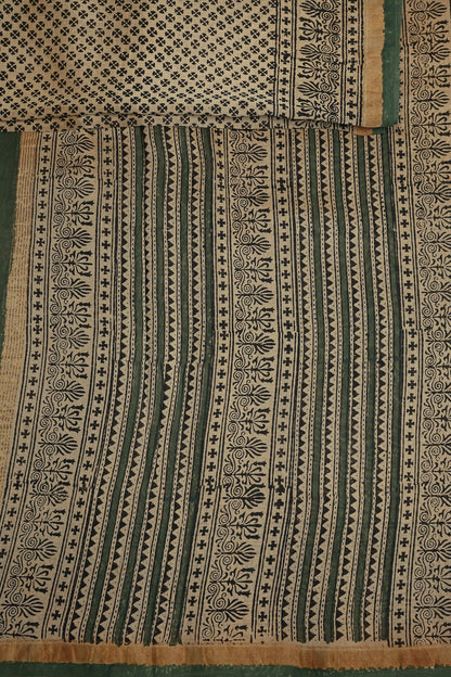 Beige Chanderi Handblock Print Saree With Natural Dye And Green Border, design view 3