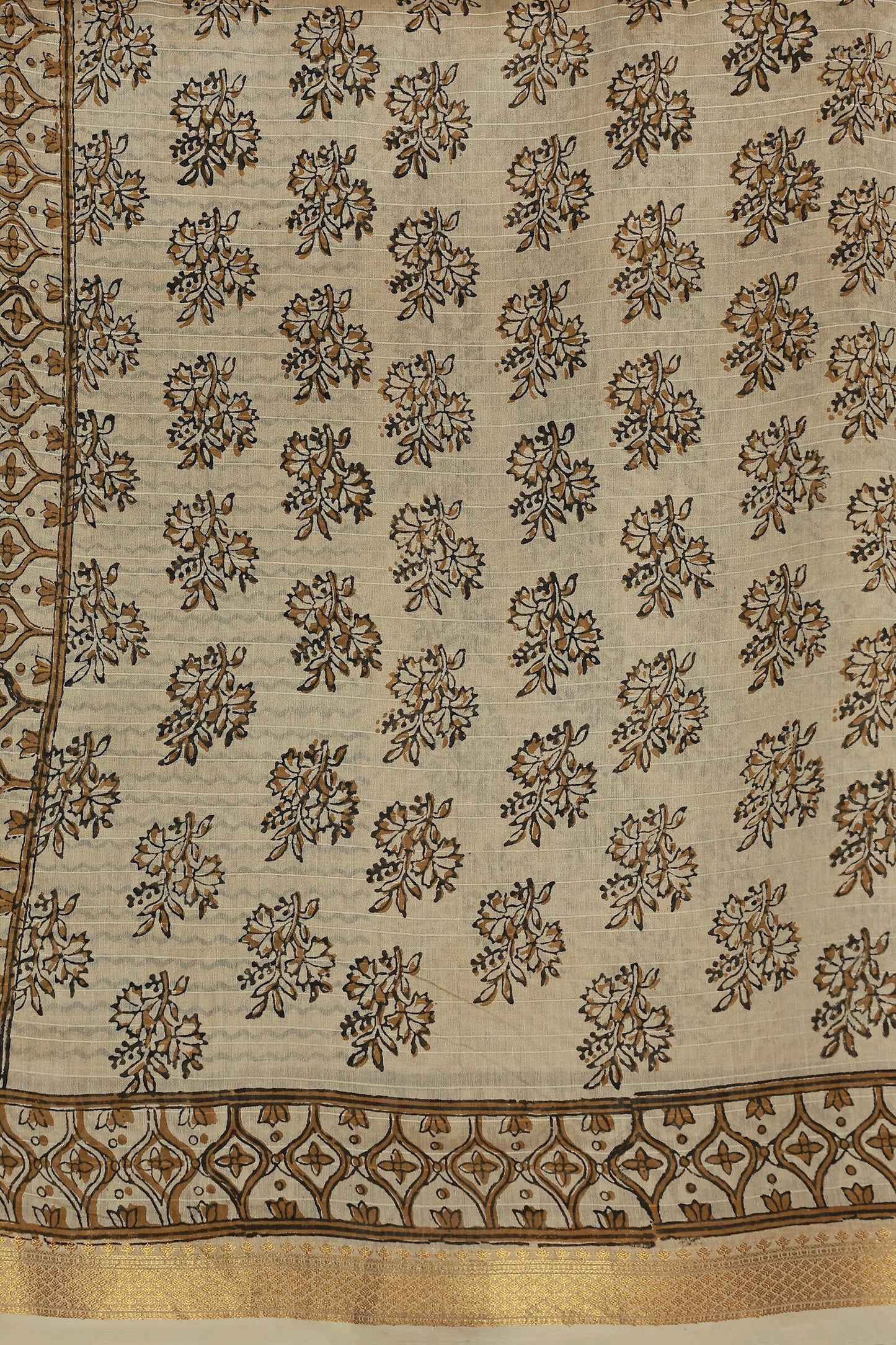 Beige Chanderi Handblock Print Saree With Natural Dye With Zari Border, fabric detail