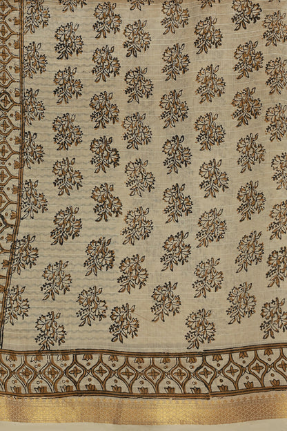 Beige Chanderi Handblock Print Saree With Natural Dye With Zari Border, fabric detail