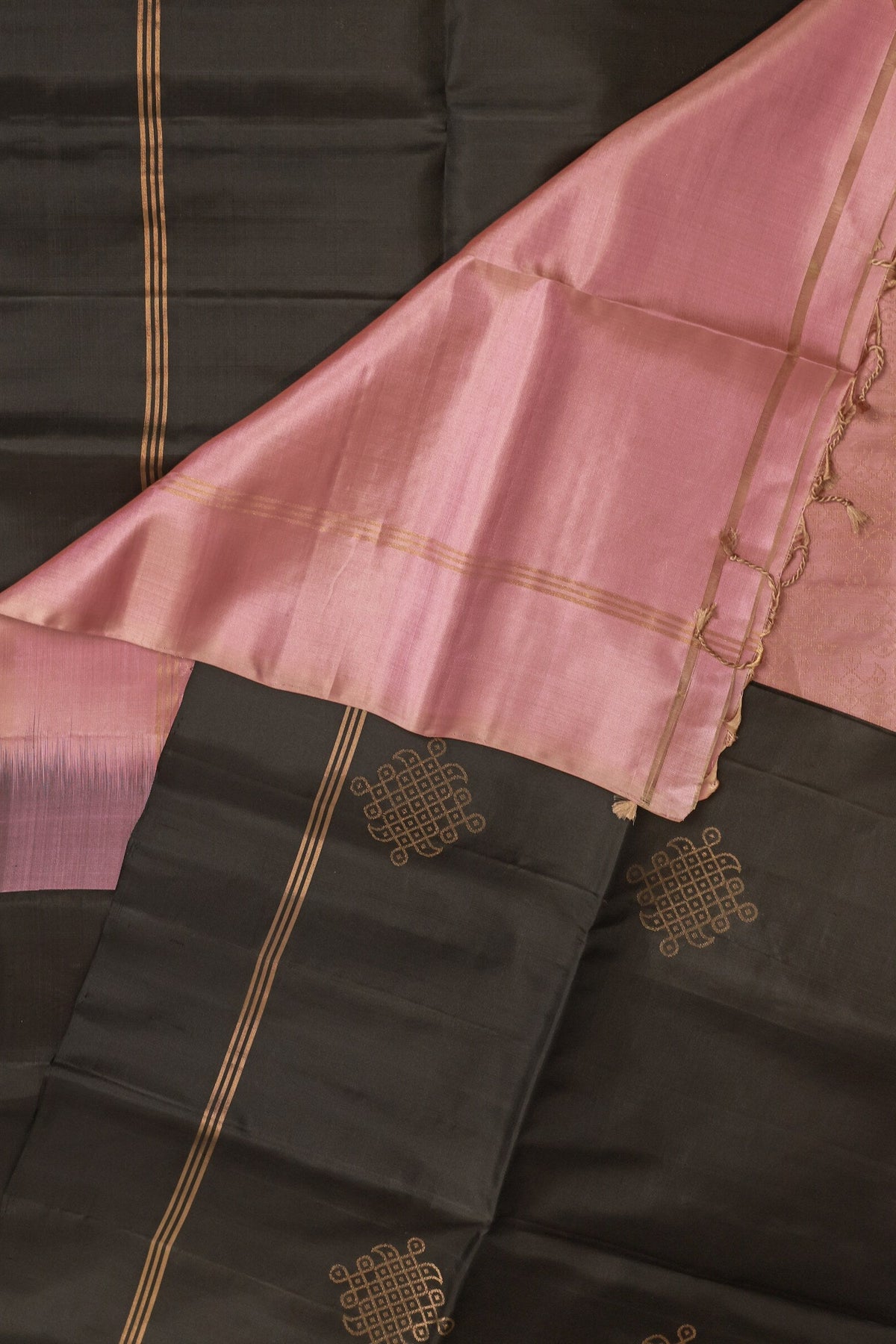 Black And Onion Pink Pure Silk Saree With Kolam Buttas On Body And Pallu, folded saree view