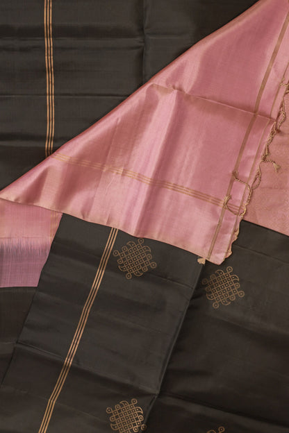 Black And Onion Pink Pure Silk Saree With Kolam Buttas On Body And Pallu, folded saree view