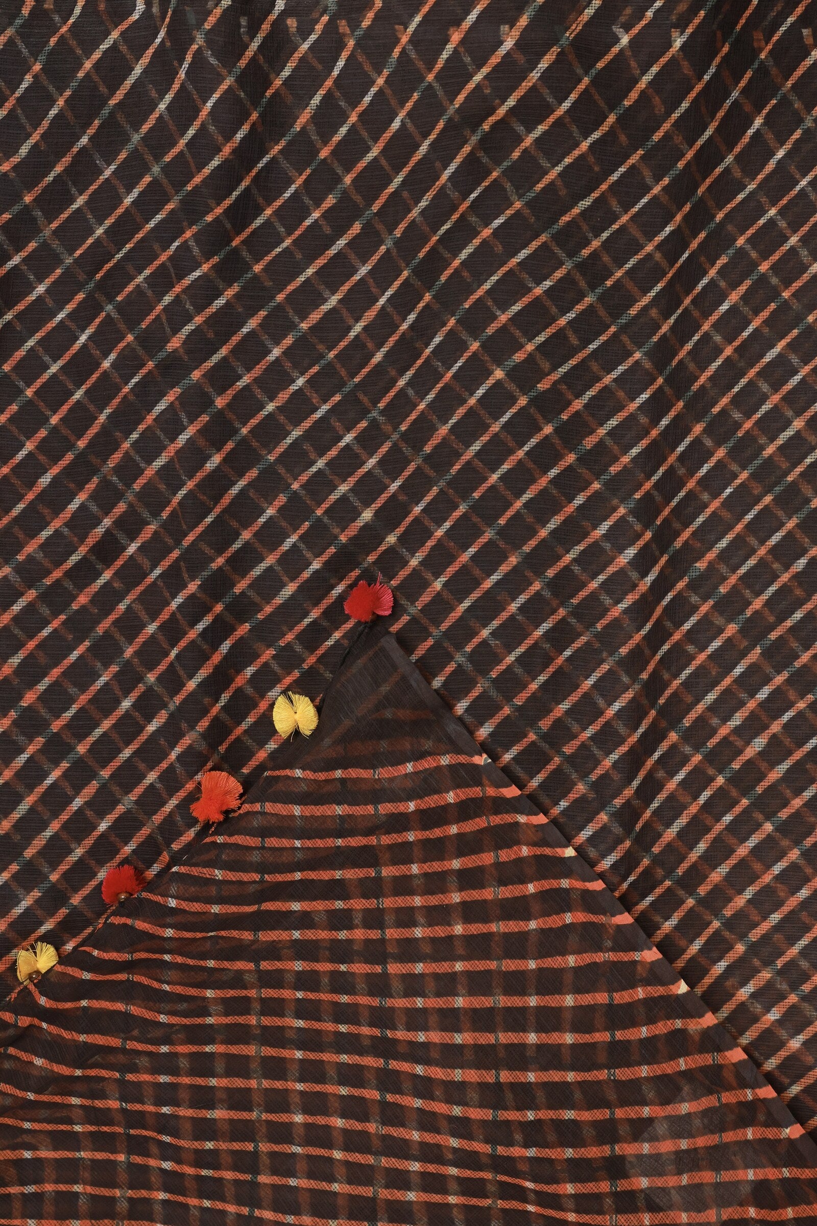 Black And Orange Kota Doria Lahariya Saree, folded saree view